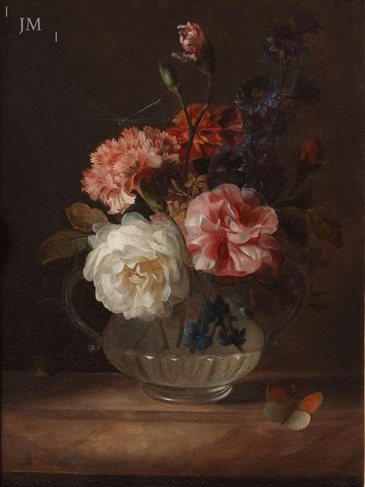 Still life of Roses, Carnations and other flowers in glass vase